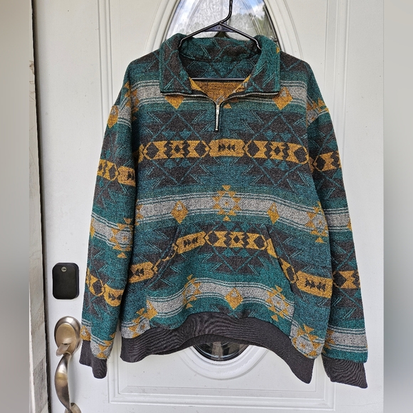 Men's Geometric Aztec Pattern Sweater - Teal and Yellow - Picture 2 of 10